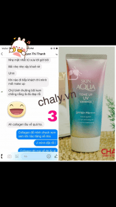 Chụp review về kem chống nắng skin aqua cho da mụn ngay sau 1 ngày dùng của bạn T - khách fb Chaly