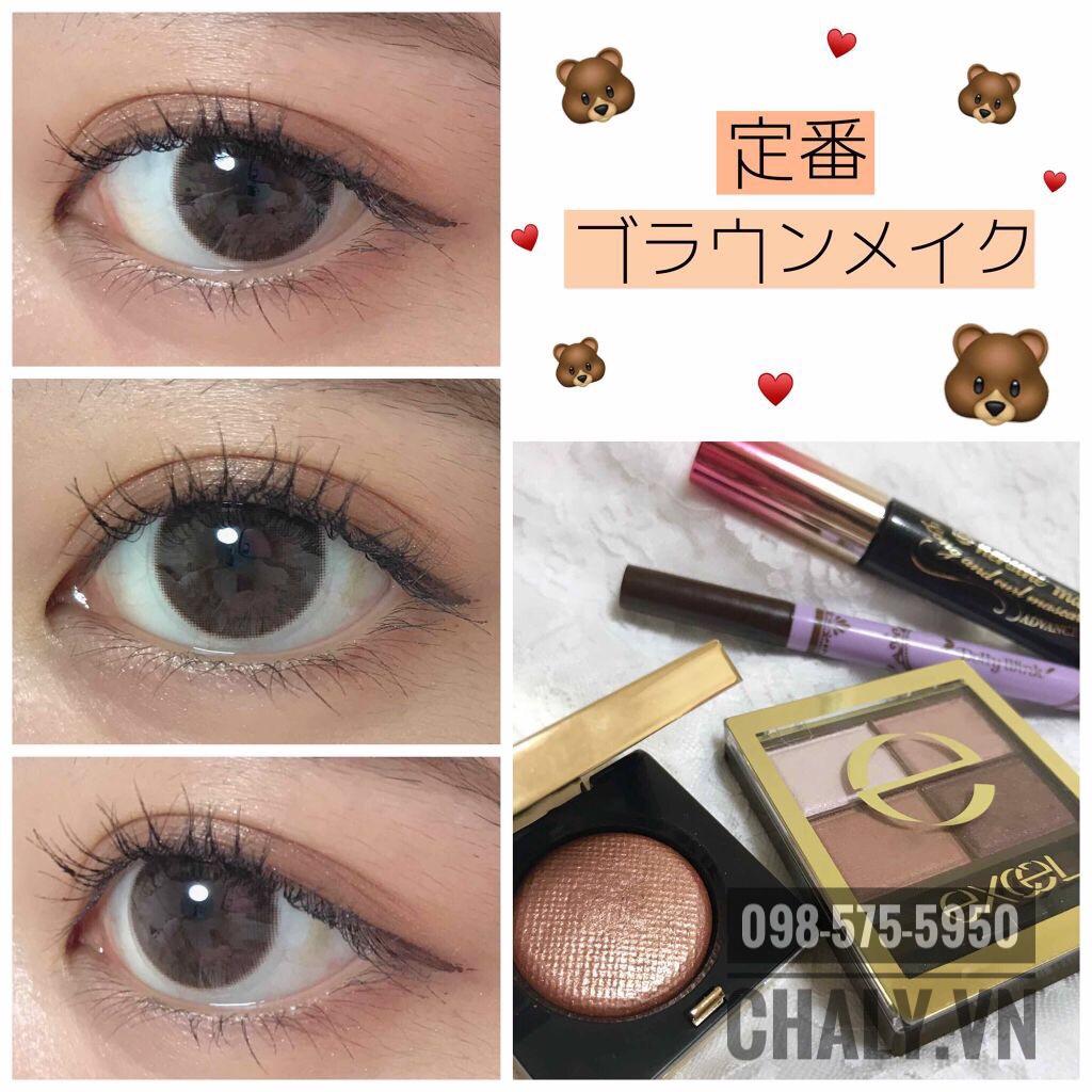 Một bạn gái Nhật trang điểm đôi mắt tông nâu với kẻ mắt Dolly Wink và mascara Isehan Kiss Me