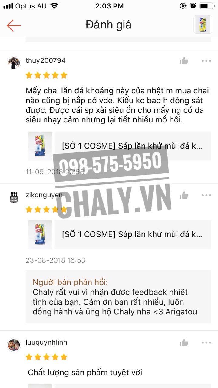 Review thỏi lăn khử mùi đá khoáng soft stone nhật 20g trên shopee của Chaly rất nhiều và đều là review khen ngợi như thế này