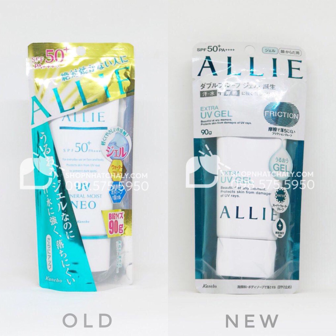 Kem chống nắng nhật Allie màu xanh mẫu trước đó. Phiên bản cũ bên trái tên là kem chống nắng Kanebo Allie Mineral Moist Neo