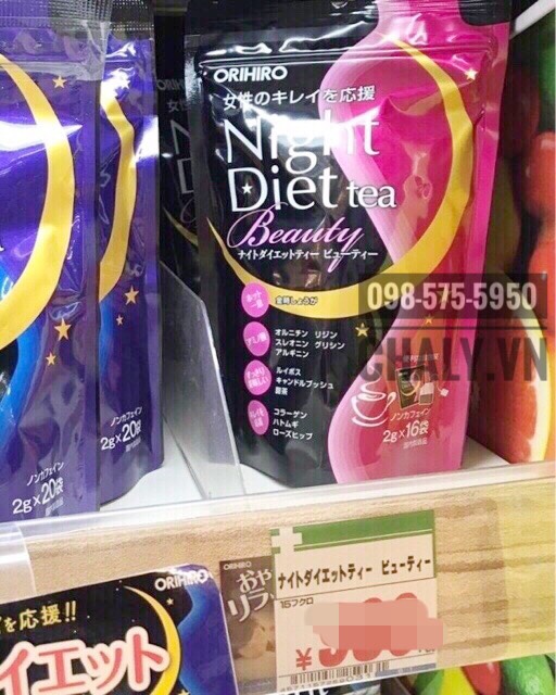 Trà giảm cân orihiro night diet tea bản mới màu hồng trên kệ siêu thị Nhật