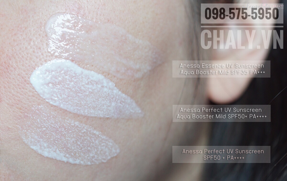 Preview texture của 3 loại kem chống nắng Anessa 90g, từ trên xuống: Mild milk màu xanh, Mild milk màu vàng, Perfect Milk màu vàng đậm