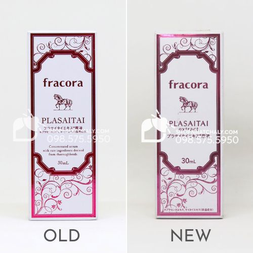 Serum nhau thai ngựa Fracora Plasaitai Nhật nội địa mẫu cũ (trái) và mẫu mới nhất hiện hành (phải)