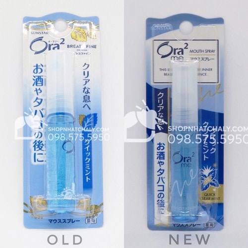Xịt khử mùi khoang miệng của Nhật Ora 2 Sunstar Breath Fine mẫu mới nhất (phải)