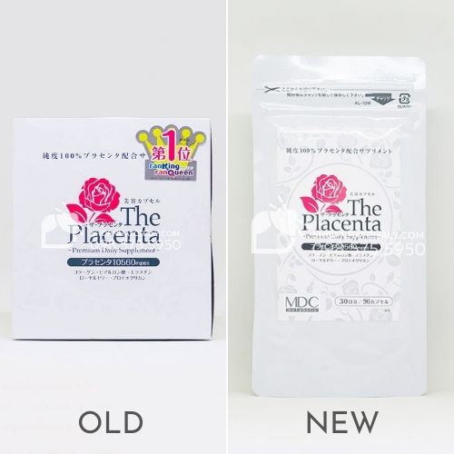 Viên uống nhau thai heo The Placenta Premium Daily Supplement Metabolic Nhật nội địa mẫu cũ (trái) và mẫu mới nhất hiện hành (phải)