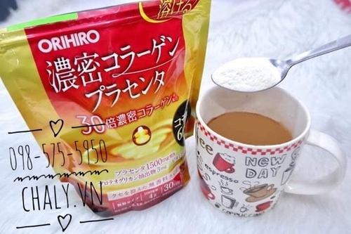 Collagen Nhật dạng bột uống Orihiro collagen placenta 60000mg có thể dễ dàng hoà tan vào bất kỳ đồ uống nào, không làm thay đổi mùi vị đồ uống