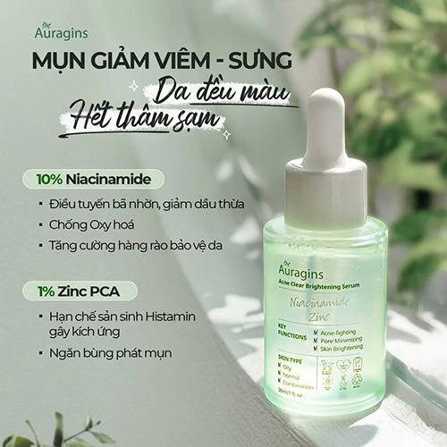 Tinh chất cho da dầu mụn The Auragins 10% Niacinamide + 1% Zinc Acne Clear Brightening Serum 30ml Hàn Quốc