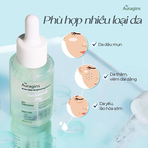 Tinh chất cho da dầu mụn The Auragins 10% Niacinamide + 1% Zinc Acne Clear Brightening Serum 30ml Hàn Quốc