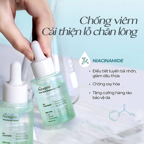 Tinh chất cho da dầu mụn The Auragins 10% Niacinamide + 1% Zinc Acne Clear Brightening Serum 30ml Hàn Quốc